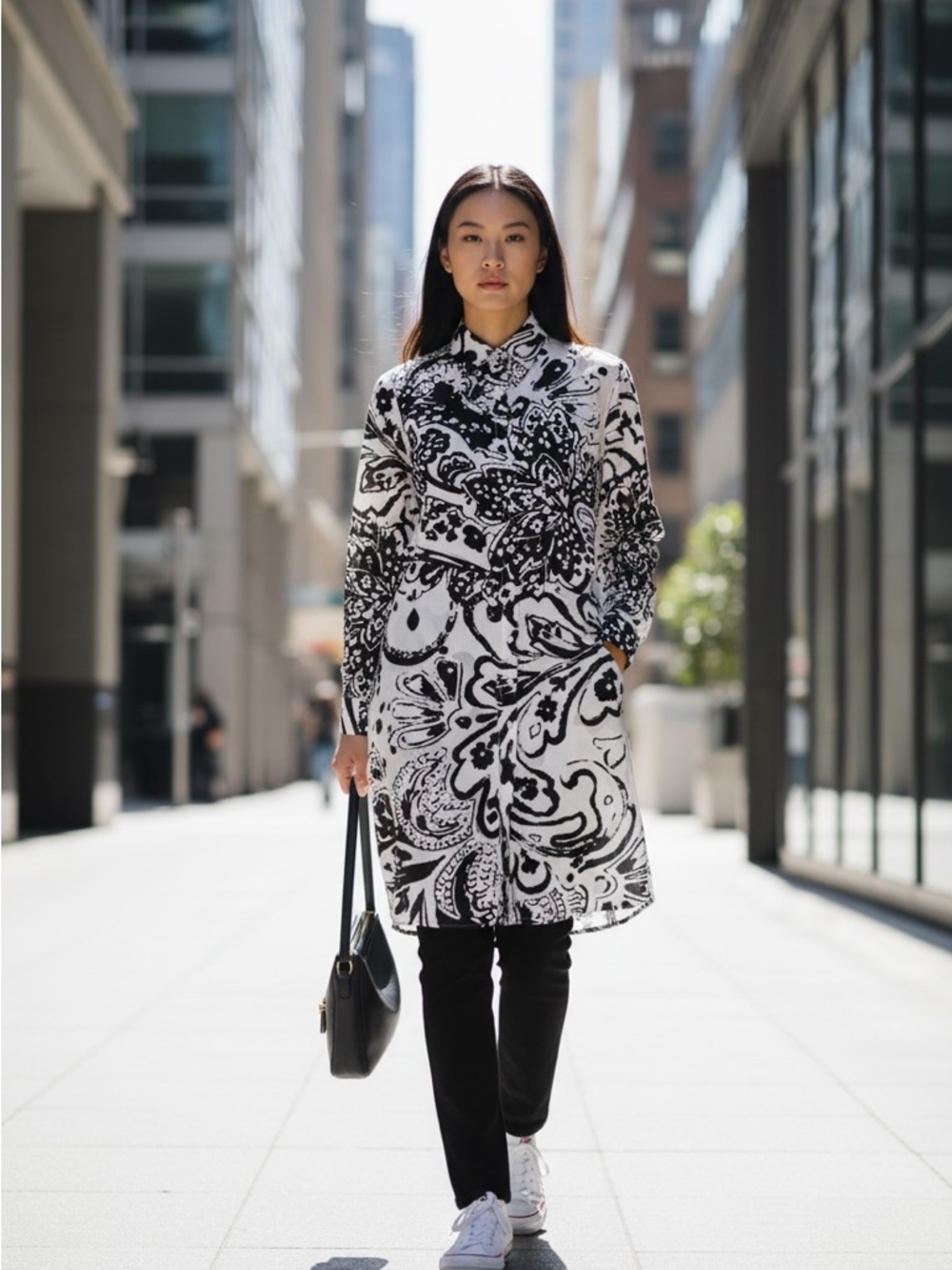 Chico's Black and White Paisley Linen Cotton Midi Shirt Dress Size 1P/8 Career